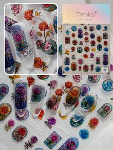 1 Stück Blumen Nail Art Aufkleber, geprägtes Muscheldesign mit Glanz, handbemalte Rosen, mit mehrfarbigen Rosen, Pfingstrosen und europäischen Architektur Fenstermustern, geeignet für persönliches DIY und Nagelstudios Nägel Nagelbedarf Nagelaufkleber - Verschiedenfarbig - Übersicht 1