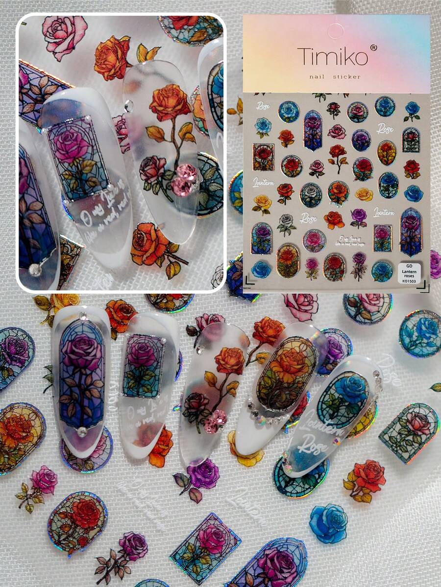 1 Stück Blumen Nail Art Aufkleber, geprägtes Muscheldesign mit Glanz, handbemalte Rosen, mit mehrfarbigen Rosen, Pfingstrosen und europäischen Architektur Fenstermustern, geeignet für persönliches DIY und Nagelstudios Nägel Nagelbedarf Nagelaufkleber - Verschiedenfarbig - Übersicht 1
