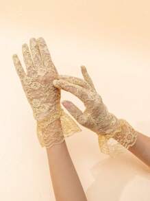 1 双女士性感时尚深色哥特式玫瑰蕾丝手套，适合派对礼服