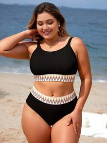 Swim Lushoire 夏季沙滩加大胶带比基尼套装上衣和高腰下装两件套泳衣 - 黑色 - 查看 6