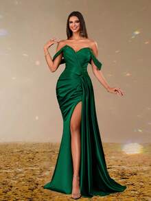 翠绿色缎面露肩晚礼服，性感开衩女士礼服，闪光吊带垂坠紧身舞会礼服，优雅长裙，适合派对、庆典、婚礼宾客 - 綠色 - 查看 5