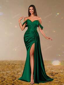 Emerald Green Satin Off Shoulder Evening Dress, Sexy Slit Formal Gown For Women, Glitter Strap Draped Bodycon Prom Dress, Elegant Long Dress For Party, Gala, Wedding Guest