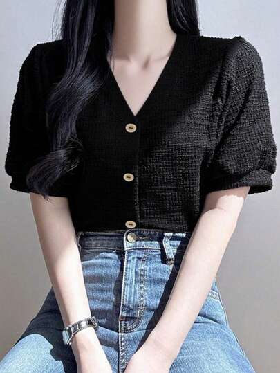 女式 V 领纯色短袖宽松纽扣前开襟休闲衬衫，春夏