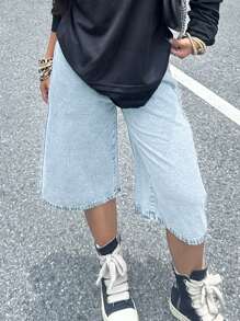 High Waist Bermuda Denim Shorts Without Belt - Light Wash - View 2