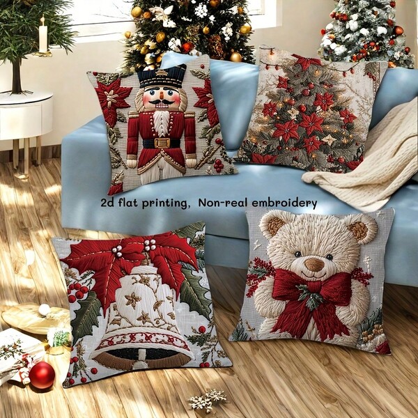 1 pieza Funda decorativa de almohada cuadrada con estilo de bordado imitación de patrones navideños, material de fibra de poliéster suave y cómodo, con bordados de cascanueces, árbol de navidad con flor de pascua, campana y oso de peluche y otros patrones, funda de almohada suave para decoraciones navideñas en el hogar, sala, sofá, silla para fiestas de Navidad