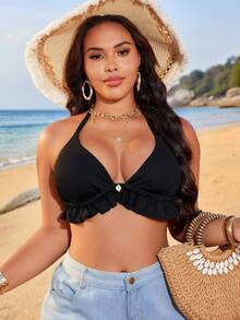 Swim Lushoire Plus Size Basic Triangle Bikini Top, Minimalist Style For Vacation - Black - View 1