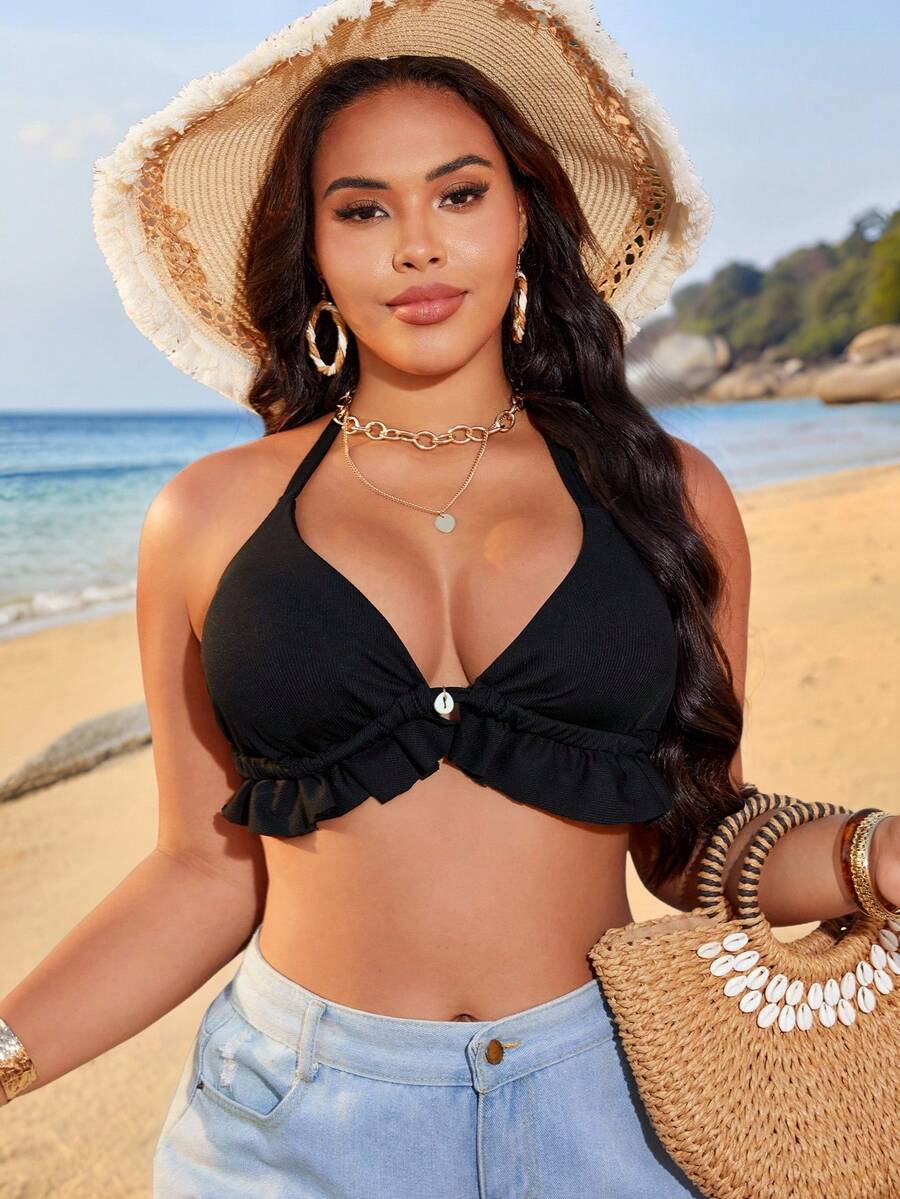 Swim Lushoire Plus Size Basic Triangle Bikini Top, Minimalist Style For Vacation - Black - View 1
