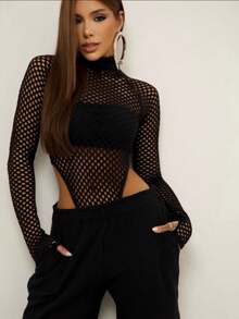 Women's High Neck Fishnet Bodysuit With Long Sleeves - 黑色 - 查看 1