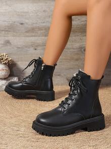 2026春秋冬新款女式踝靴，侧拉链踝靴，平底休闲女鞋，学院风女式踝靴，女式踝靴，白色女式踝靴，时尚女式踝靴，系带女鞋，女式踝靴，时尚女靴，百搭女式踝靴，保暖女靴 - 黑色 - 查看 4