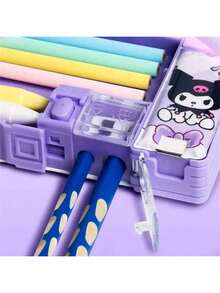 1pc Sanrio Kuromi Stationery Box, Multifunctional Cartoon Pencil Case With Ballpoint Pens, Colored Pencils, Ruler, Suitable For School And Office, Perfect Gift For Birthday, Christmas, Thanksgiving