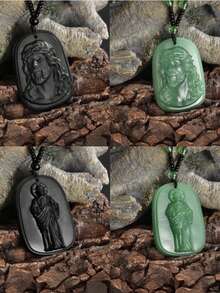 1 件黑曜石耶稣头吊坠项链，仿玉串珠链，适合男士 - 串珠項鍊 - 查看 8