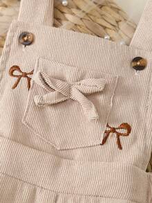 新生儿三件套服装：休闲可爱优雅白色长袖连体衣、驼色刺绣蝴蝶结连体裤和蝴蝶结发带，夏季日常穿搭 - 駝色 - 查看 5