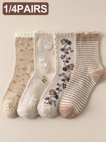 1/4 Pairs Beige Lace Ruffled Rabbit Print Stripe Pattern Breathable Cute Elastic Casual Student Moisture-Wicking Mid-Calf Socks For Women, Suitable For Easter, Fall