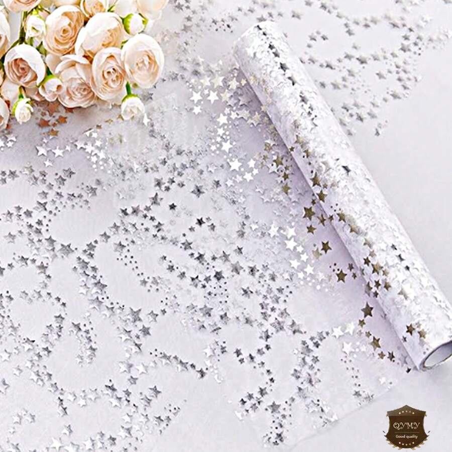 3pcs Silver Star Tablecloth 16ft (Approx. 500cm), Silver Dining Table Decor Center Piece, Suitable For Wedding, Birthday Party, Banquet, Daily Use, DIY, Christmas, Festivals - Multicolor - View 1