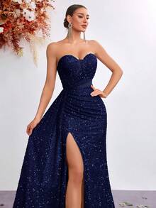 ADYCE 女士亮片心形领抹胸网纱拼接高腰长款开衩连衣裙，适合舞会、派对、正式晚宴、新年等场合 - 藏蓝色 - 查看 7