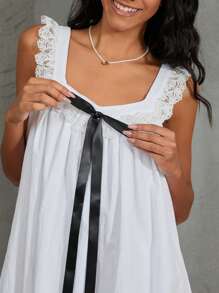 Women Mini Dress Lace Trim Fly Sleeve Bowknot Embellished Short Dress Summer Fashion Casual Dress