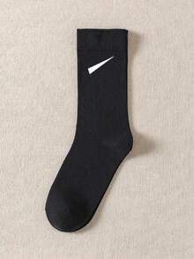 1/3/5/10/15/20双装 女士纯色斜条纹宽口舒适简约产后袜，吸湿排汗，不闷热中筒袜 - 黑色 - 查看 3