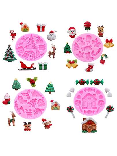 1-4件粉色液态硅胶材质硅胶模具，圣诞系列硅胶模具，包括雪花、圣诞树、雪人、铃铛，创意巧克力、糖果、果冻、布丁、蛋糕、甜点装饰模具，圣诞DIY树脂首饰配件，奶油凝胶手机壳装饰配件模具，圣诞节装饰品，圣诞睡衣，圣诞礼物，圣诞装饰，情人节派对，家居装饰，家居礼品