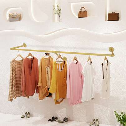 Gold Wall Mounted Clothing Rack - 47" Industrial Pipe Garment Hanger, 110lbs Heavy Duty Carbon Steel, Space Saving For Bedroom/Boutique/Entryway