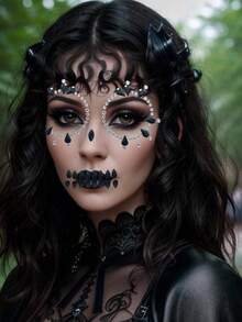(One) Black And White Facial Diamond Sticker, Suitable For Carnival Parties, Masquerade Parties, Music Festivals, Halloween And Other Festivals. The Sparkling Gemstone Eye Face Rhinestone Sticker Is Decorated With Circular And Droplet Shaped Arrangements, Waterproof And Durable Simulation Personalized Self-Adhesive Diamond Sticker - Black and White - View 6