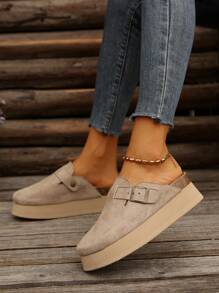 女士时尚休闲一脚蹬厚底乐福鞋，厚底半包边休闲一脚蹬平底鞋，春/秋，穆勒鞋 - 卡其 - 查看 6