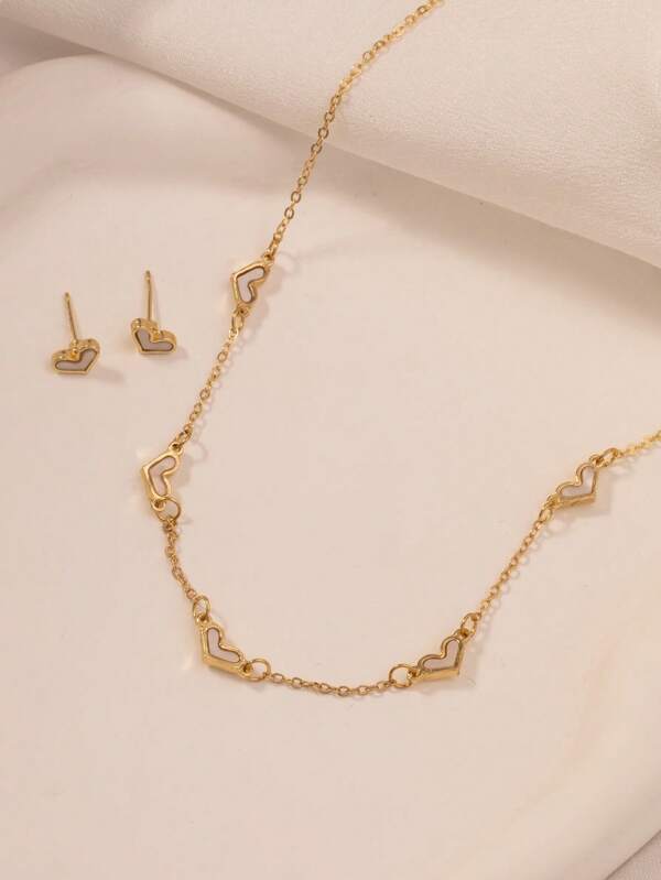 1 set vergulde schelp- en harthangerketting en oorbellen sieradenset