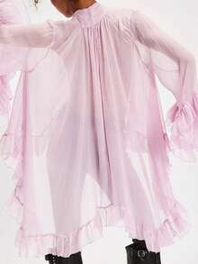 Women's Ruffled Tops Bow Tie Design Long Sleeve Peplum Lace Trim Chiffon Shirt Sheer V Neck Boho Ruffle Beach Blouse - 淺粉色 - 查看 3