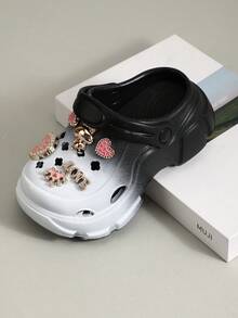 1 Pair Girls Gradient Pink-White Round Toe Cute Gold Plated Rabbit Decor Thick Bottom EVA Anti-Slip Breathable Sandals, Suitable For Summer - Black and White - View 5
