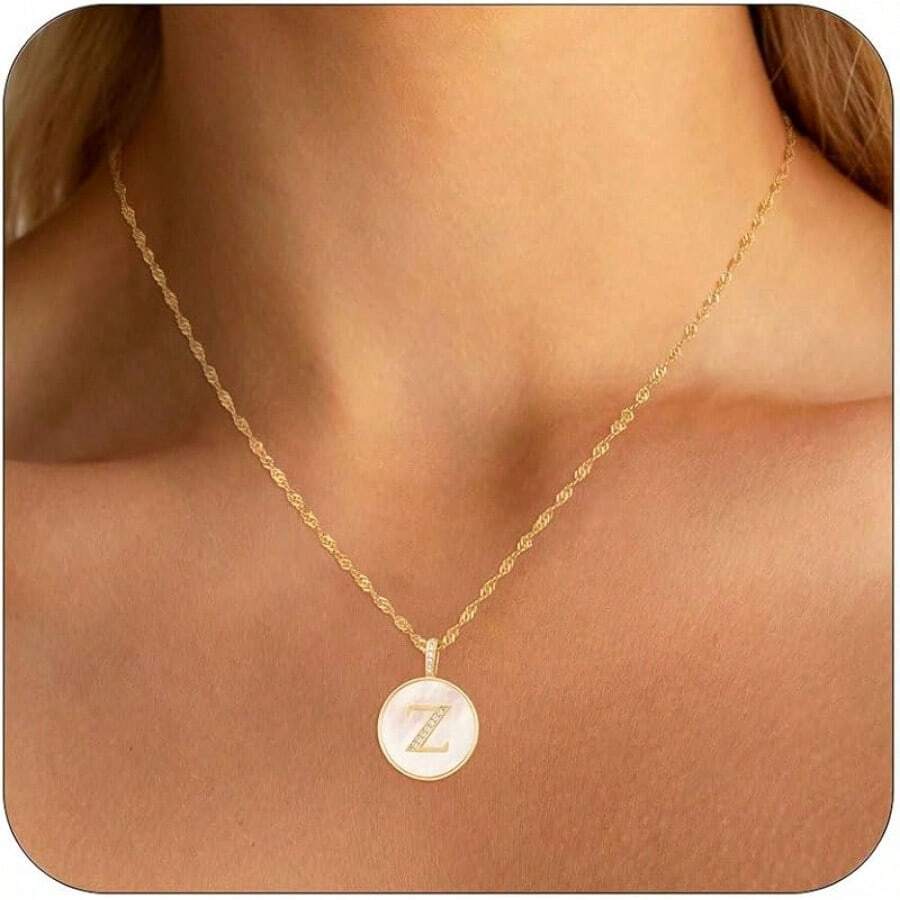 Gold Mother Of Pearl Initial Necklace Women 14K Gold Plated Cubic Zirconia Initial Letter A-Z Pendant Women Jewelry Gifts - 黃金Z - 查看 1