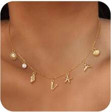 CAROVO Gold Initial Charm Necklace Women Letter A-Z Necklace 14K Gold Plated Charm Pendant Necklace Boho Summer Seashell Beach Starfish Surfer Jewelry - v - 查看 1