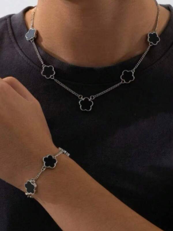 2 pièces Ensemble de collier et bracelet à pendentif trèfle porte-bonheur de style mode affaires pour hommes