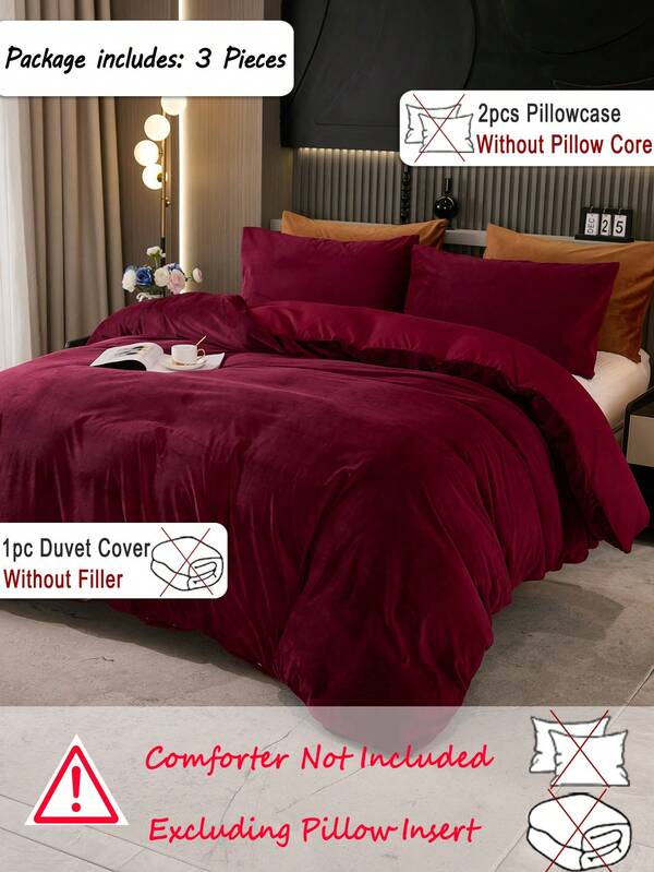 Set 3 buah Sarung Selimut Beludru Burgundy Polos (1 Sarung Selimut + 2 Sarung Bantal, Tanpa Isi), Gaya Modern, Poliester, Lembut & Hangat, Cocok untuk Kamar Tidur, Semua Musim