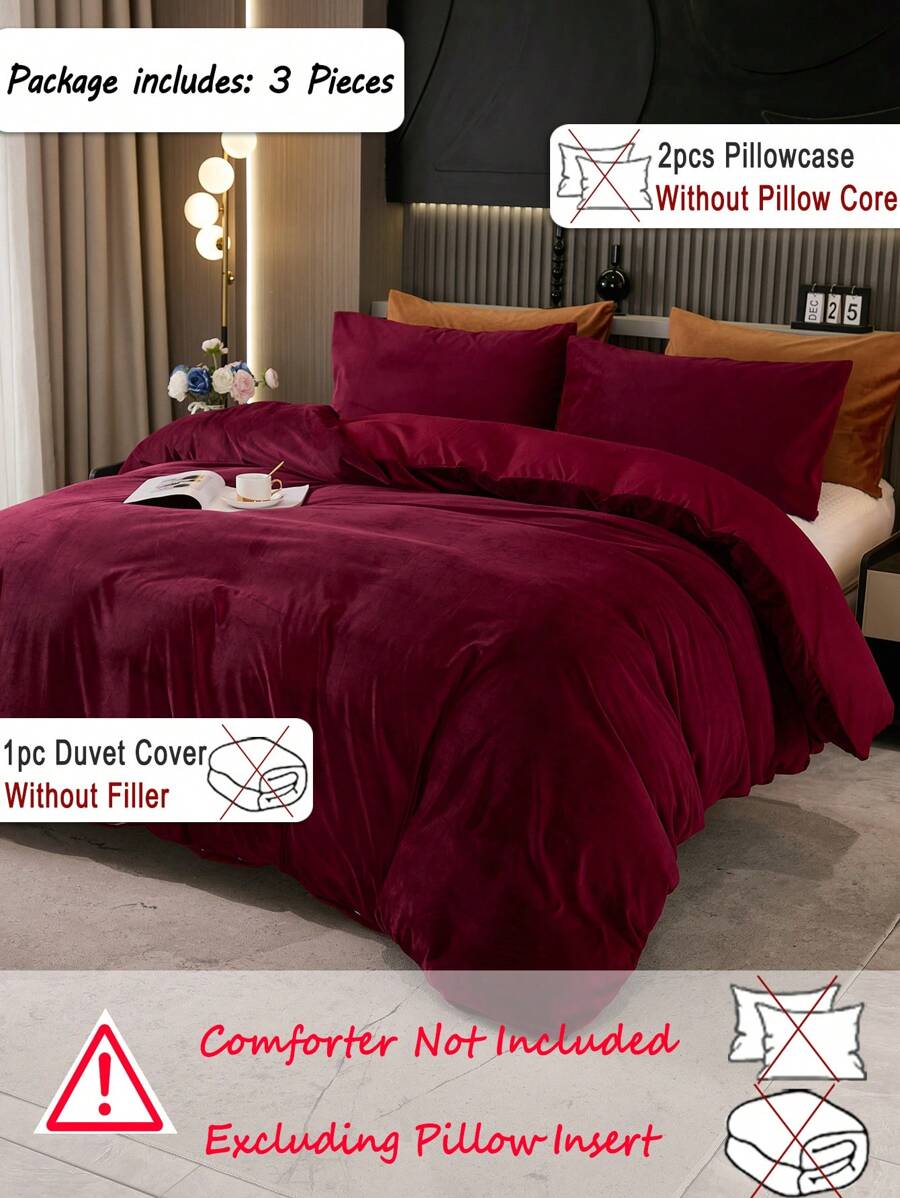 3 件套勃艮第天鹅绒纯色羽绒被套（1 个羽绒被套 + 2 个枕套，无填充物），现代风格，涤纶，柔软温暖，适合卧室，四季皆宜 - 酒紅色 - 查看 1