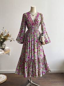Rusttydustty Đầm cổ chữ V tay phồng họa tiết hoa cổ điển, phong cách Bohemian, thích hợp cho các lễ hội âm nhạc và những dịp tương tự, kiểu dáng thanh lịch mùa xuân. - Bụi hồng - Xem 6