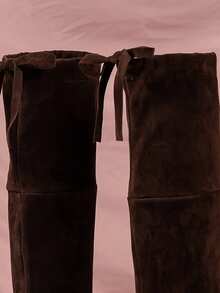 1 双女童过膝靴，纯色，绒面革材质，系带鞋跟，圆头，低粗跟，时尚百搭，弹力靴，适合日常穿着 - 棕色 - 查看 6