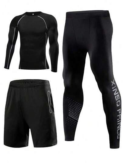 3 piezas Conjunto de hombre: Camiseta deportiva transpirable, mallas ajustadas y pantalones de entrenamiento