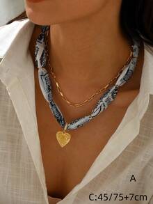 1-2pcs Flower Heart Deco Scarf Necklace, Leopard Print Multi Chain Layed Women Necklace, Daily Vacation Accessory, Women Gift