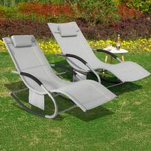 SoBuy 2-er Set Sonnenliege Schaukelstuhl wetterfest mit Kopfkissen – Relaxliege Gartenliege Schaukelliege Liegestuhl mit Seitentasche – Outdoor Balkon Camping bis 150 kg, OGS28-SCHX2 Gartenmöbel Braun Teslin-Stoff Metall 63x150x87 cm - Grau - Übersicht 2