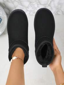 女式厚雪地靴，保暖内衬，保暖，厚底，经典休闲雪地靴，一脚蹬，秋冬 - 黑色 - 查看 6