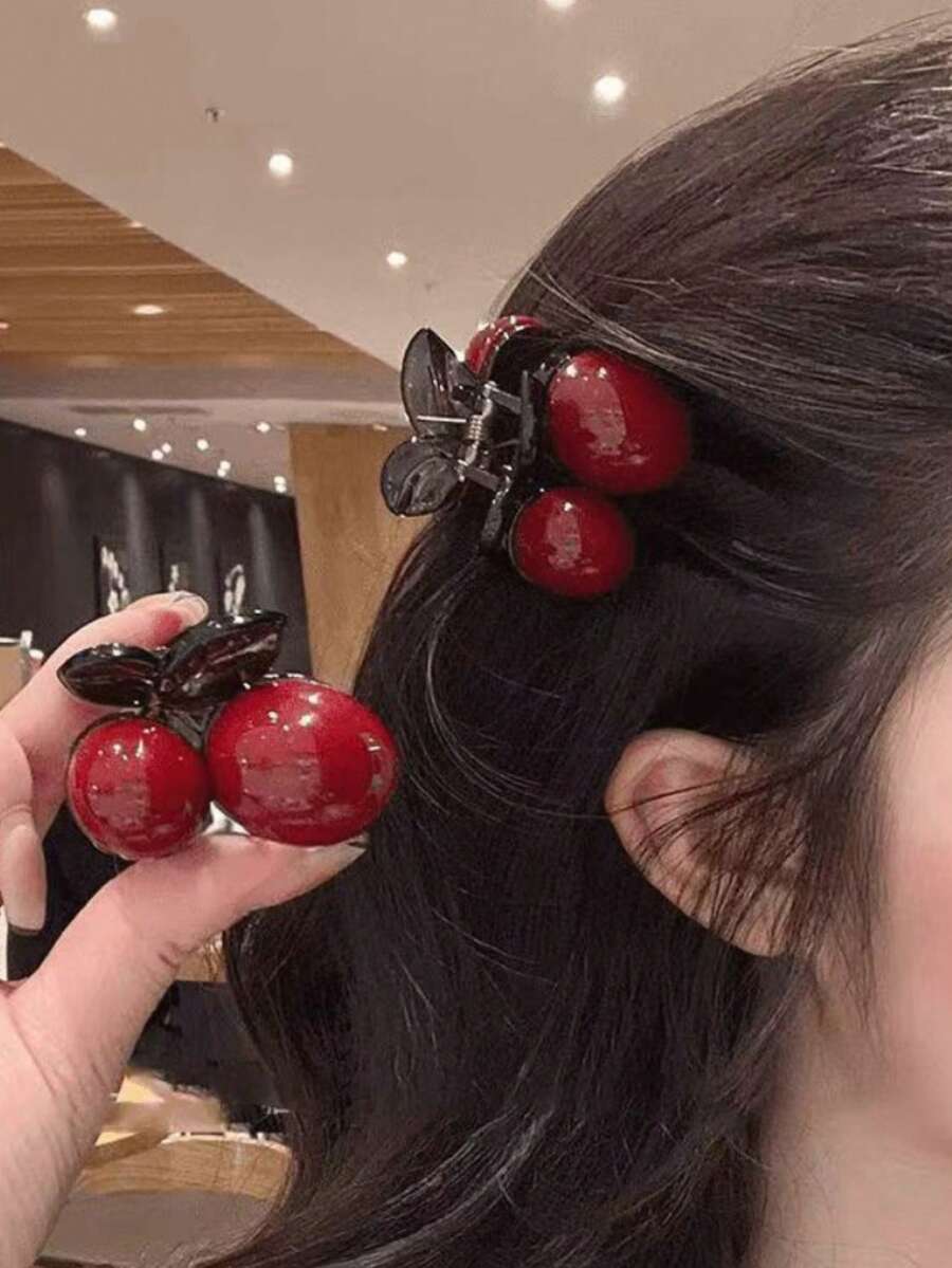2pcs/Set Cute Red Cherry Hair Clips, Valentine's Day Small Gift, Solid Color, Acrylic Hair Accessories Fashion Hair Claw Clips Autumn Accessories Fall Hair Clutch Winter Accessories For Vacation Outfits Woman - Multicolor - View 1