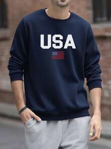 US Flag Pattern Men's Basic Sweatshirt, Casual Street Style For Spring And Autumn - Navy Blue - View 3
