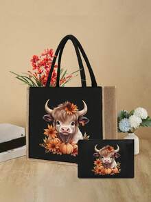 Bolso de mano de lino negro con estampado de vaca de las tierras altas, diseño de estilo campestre con patrón de vaca de las tierras altas, bolsa de cosméticos de gran capacidad con cuerda de mano, regalo de Navidad, monedero de lino negro, bolsa de compras negra, bolsa de cosméticos, con diseño de estampado de letras y patrones artísticos para mujer, de vuelta a la escuela, uso diario como bolsa de compras conveniente, regalo de agradecimiento para maestros, bolso de lona de gran capacidad para mujer, conjunto de bolso y estuche de maquillaje