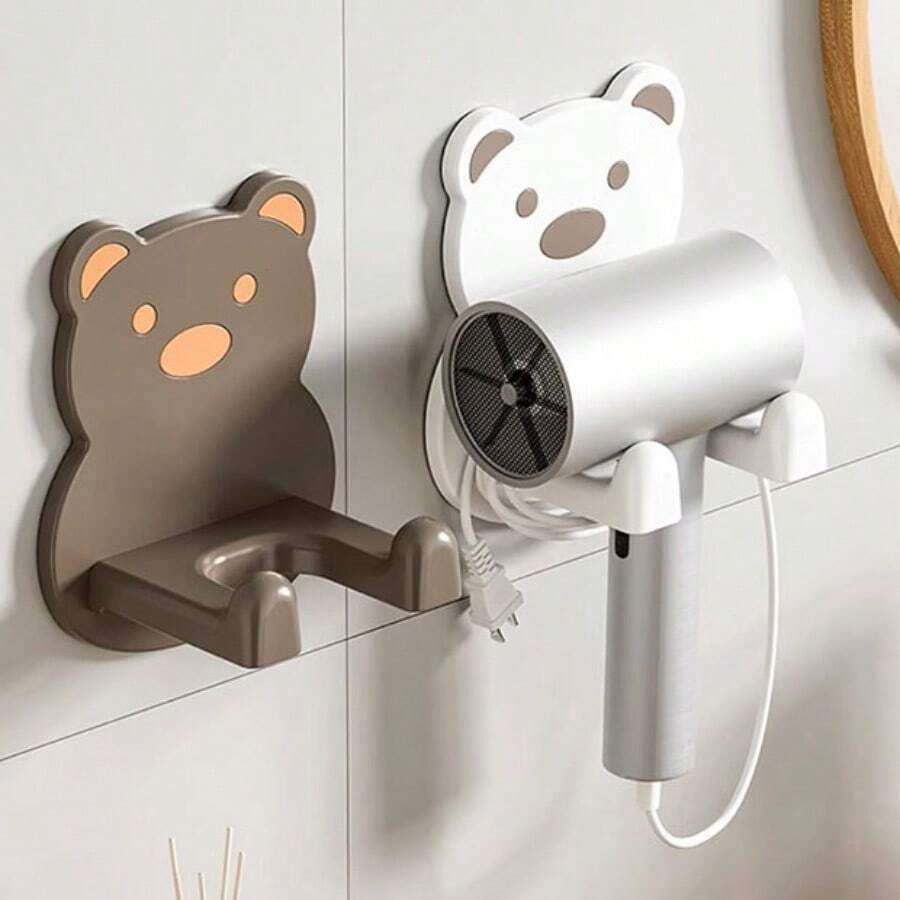 1/3pcs Bear Shaped Hair Dryer Holder Wall Mount, No Drill Bathroom Hair Dryer Rack