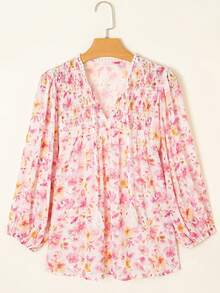 Acelitt Autumn Pink Printed Tassel Tie V-Neck Bubble Sleeve Waist Top - Pink - View 2