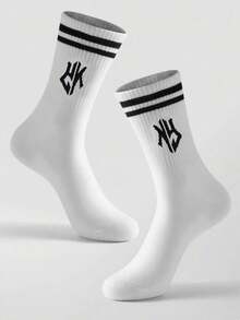 1/5 Pairs New 2024 Versatile Sports & Casual Mid-Calf Socks, Black Patterned Mid-Calf Socks, Fall Socks - Multicolor - View 4