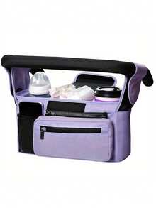 1pc Black Baby Stroller Hanging Storage Bag, Multi-Functional Diaper Caddy With Cup Holder, Detachable Phone Pouch And Shoulder Strap, Portable Design