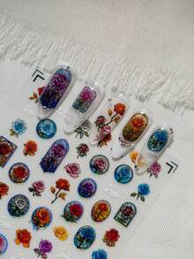 1 Stück Blumen Nail Art Aufkleber, geprägtes Muscheldesign mit Glanz, handbemalte Rosen, mit mehrfarbigen Rosen, Pfingstrosen und europäischen Architektur Fenstermustern, geeignet für persönliches DIY und Nagelstudios Nägel Nagelbedarf Nagelaufkleber - Verschiedenfarbig - Übersicht 7