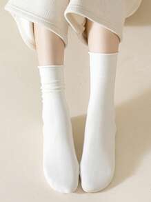 1/6 Pairs Women Melon Color Solid Cuffed Simple Versatile Comfortable Elastic Casual Socks, Suitable For Home, Spring/Autumn/Winter, Thermal Lined Mid-Calf Socks