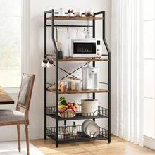 Kitchen Baker's Rack, Microwave Stand With 2 Large Wire Baskets, Industrial Coffee Bar Station, 5-Tier Kitchen Shelf With 8 Hooks For Spices, Pot Organizer - 復古色 - 查看 7