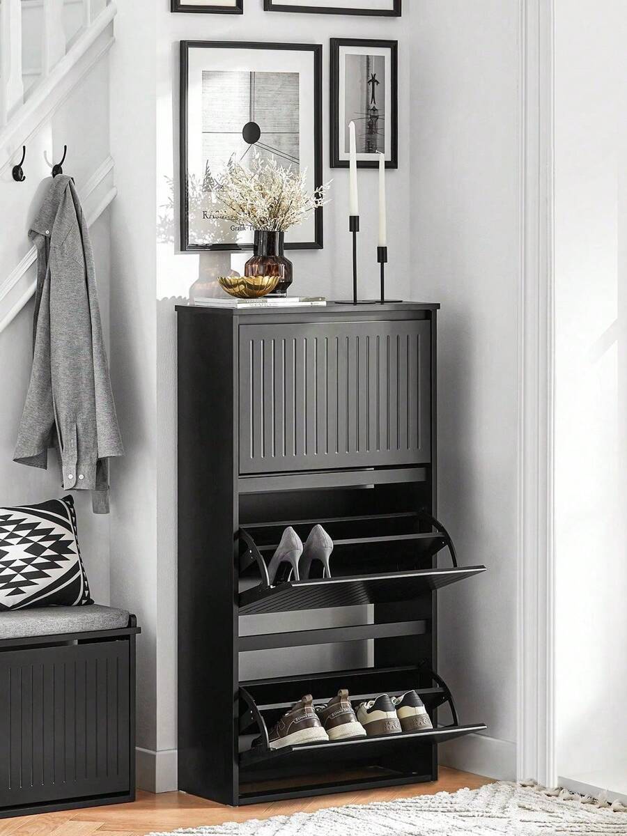 SoBuy 3 Flip-Drawers Shoe Cabinet Shoe Rack Shoe Storage Cupboard Light Grey W61 X D26 X H120cm FSR165-H-HG - Black - View 1